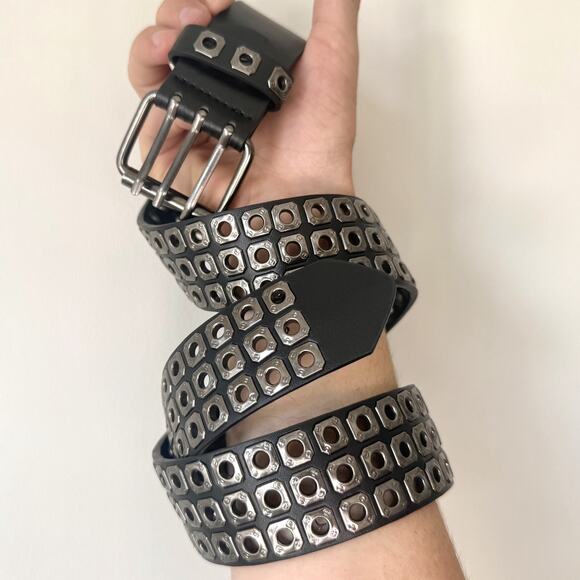 vintage black silver rivet american western cowboy boho belt - Picture 2 of 10